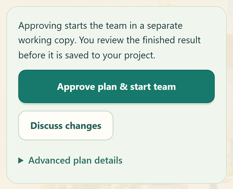 Plan approval screen with Approve plan and start team